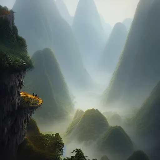 Prompt: a misty morning in the yangshuo karst hills, beautiful mattepainting, featured on artstation, by peter mohrbacher