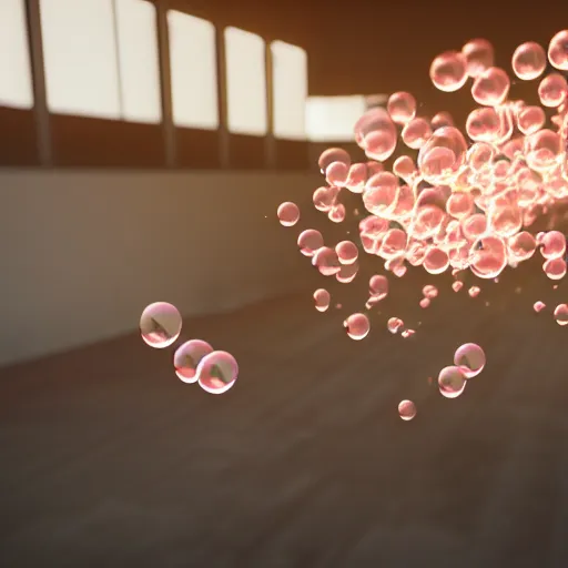 Image similar to Soap Bubbles floating in air filled neon gas, Unity VFX, Unreal Engine 5 showcase, 40nm, shallow depth of field, split lighting, 4k,