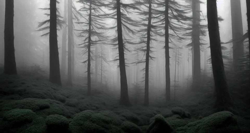 Prompt: deep inside the forest, fog, mist, moss, ferns, epic, award winning photo by ansel adams, masterpiece, artstation