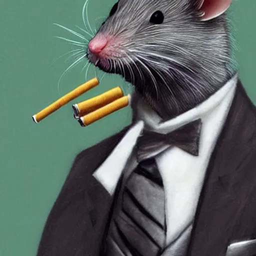 Image similar to hyperrealistic rat in a suit smoking a cigarette after a long day of worm