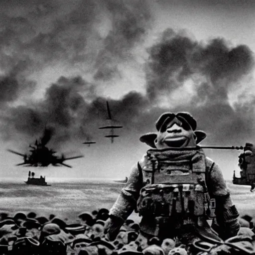 Image similar to shrek landing at d day, black and white world war 2 photograph historical