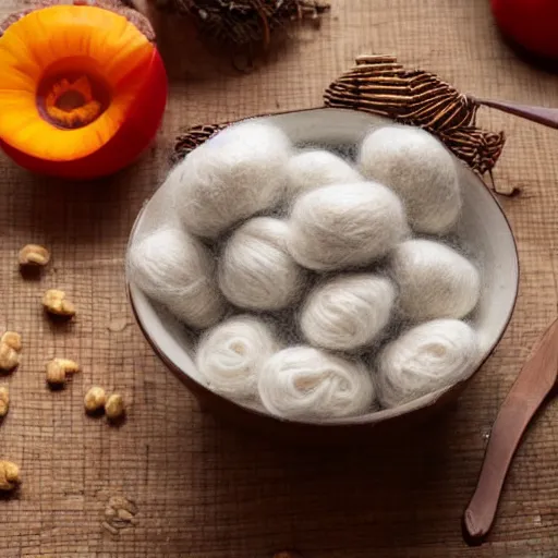 Prompt: a bowl of cereal made out of wool