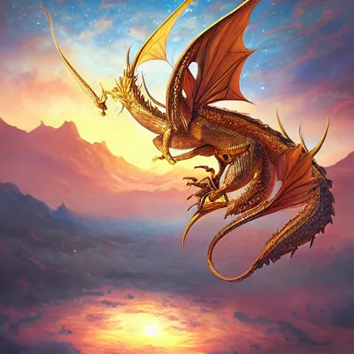 Image similar to golden queen dragon from Dragonriders of Pern, flying through sunset, art, fantasy, intricate, elegant, highly detailed, digital painting, trending on artstation, concept art, smooth, sharp focus, hyperrealistic, illustration, art by Loish and WLOP
