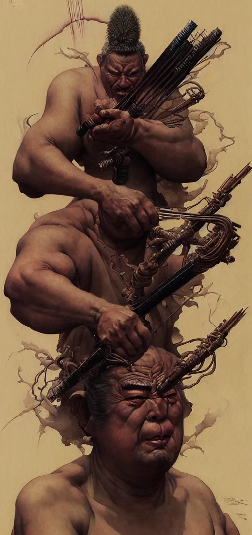 Prompt: portrait of zatoichi in the style of wayne barlowe, gustav moreau, peter mohrbacher, bussiere, roberto ferri, santiago caruso, luis ricardo falero, austin osman spare, boris vallejo, hajime sorayama