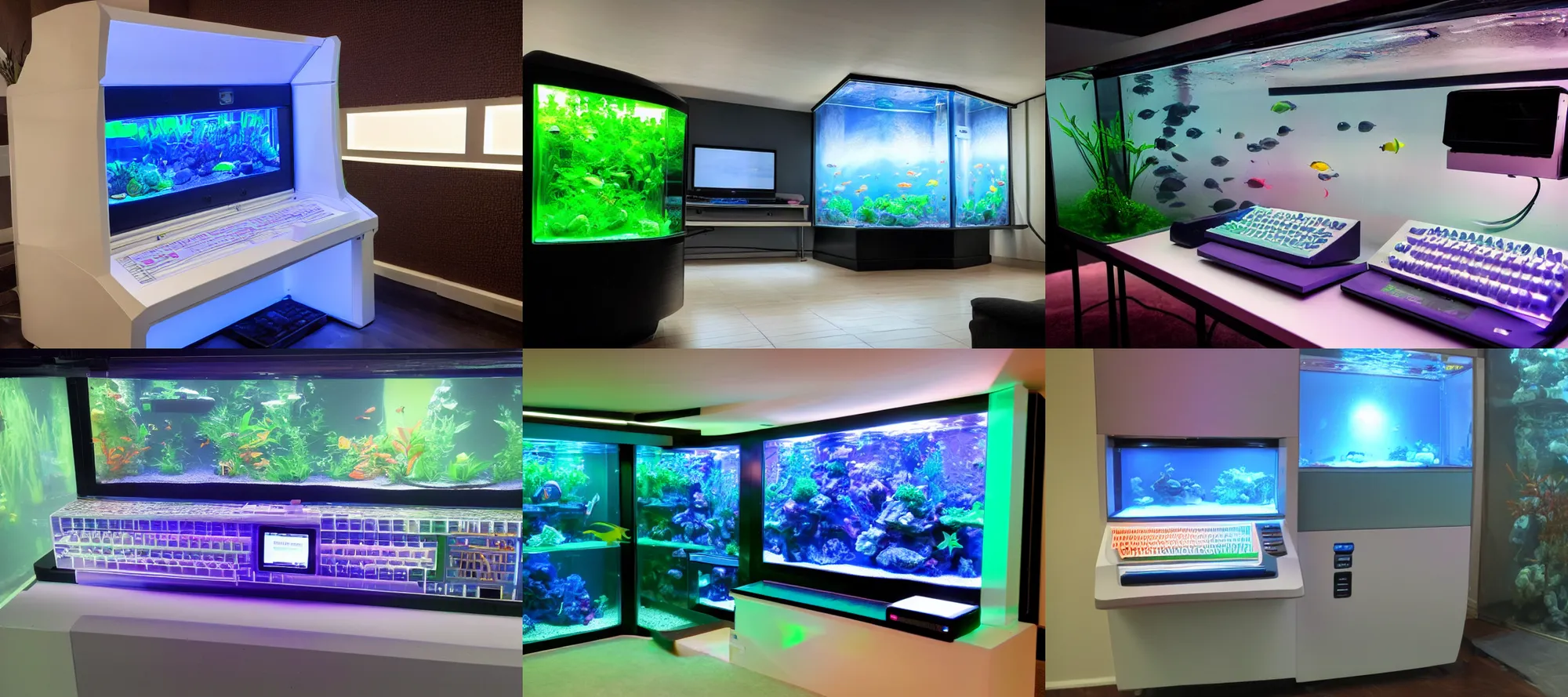 Prompt: Neo y2k digital translucent 90s computer in a dark aquarium room