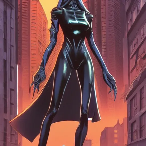 Prompt: Tall beautiful slender female witch with dark hair, futuristic, alien cityscape, symmetrical features, full body, artstation, graphic novel, colourful, 2D matte, art by Stanley Artgerm, and David Rubín, and Mike Mignola, and Laurie Greasley,