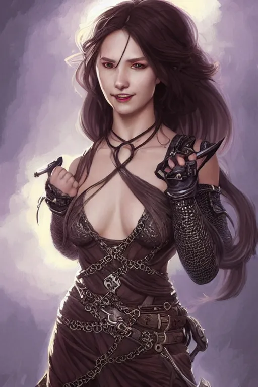 Prompt: Portrait of seductive female fighter, D&D, revealing stylish dress like chainmail, choker on neck, very long flowing hair, mouth slightly open, cute slightly nerdy smile, fantasy, intricate, elegant, stylish, highly detailed, digital painting, artstation, concept art, smooth, sharp focus, illustration, art by artgerm and greg rutkowski and alphonse mucha