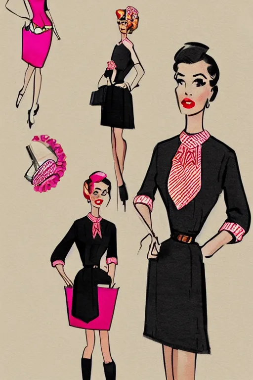 Image similar to a detailed fashion illustration of a 5 0 s hostess outfit