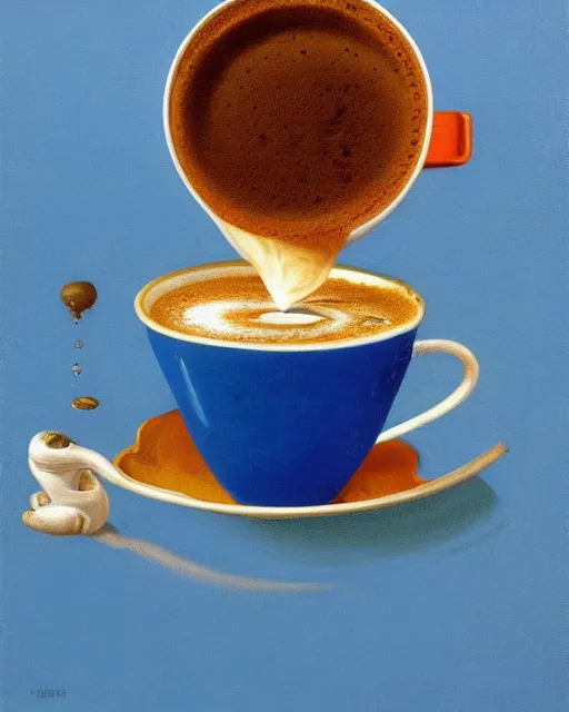 Prompt: 'brain floating in cup of coffee' by michael sowa, still life, far shot, blue background, vibrant, brain, realism, top-down view