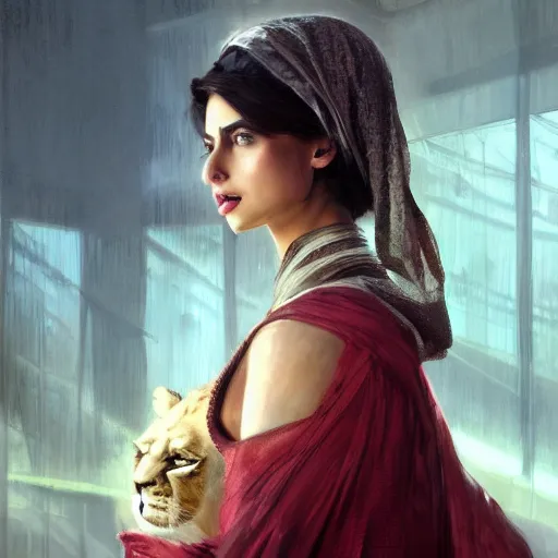 Prompt: a Photorealistic dramatic hyperrealistic render of an arab ameera al taweel, green tan skin, eyes, red hair, white veil, with a pet lion by WLOP,Artgerm,Greg Rutkowski,Alphonse Mucha, Beautiful dynamic dramatic dark moody lighting,shadows,cinematic atmosphere,Artstation,concept design art,Octane render,8K