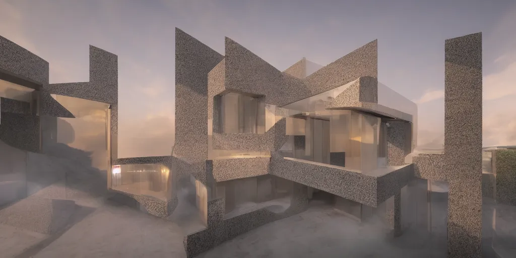 Prompt: extremely detailed ornate stunning sophisticated beautiful house, stunning volumetric light, sunset, concrete and translucent material, stunning skied, 8k