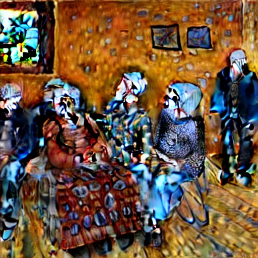 Prompt: oil painting of a cabin of toothless old people waiting for the end at a funeral ceremony, 8 k resolution, 3 d, rendered in enscape, cgsociety, oil painting, gustav klimt