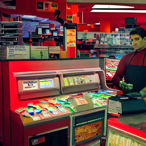 Prompt: Accidents, The Hulk working as a 7/11 cashier using a red laser scanner, cash register, red laser scanner, wide wide shot, very detailed, beautiful lighting, red laser, broken counter, broken, fire, smoke