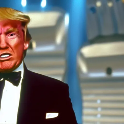 Image similar to movie still of donald trump as the gameshow host in arnold schwarzenegger's movie the running man. film quality