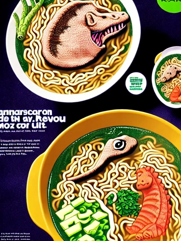 Image similar to magazine ad for dinosaur - flavored ramen, hq scan