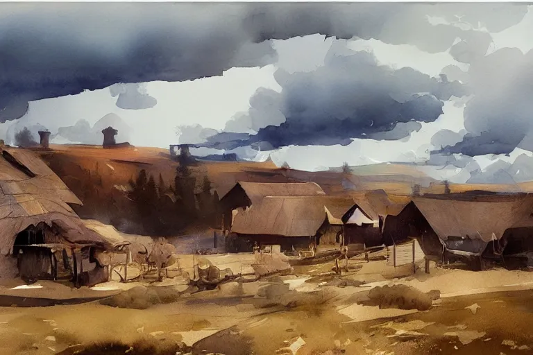 Prompt: paint brush strokes, abstract watercolor painting of american frontier western viking town, straw roof, storm, cinematic light, american romanticism by hans dahl, by jesper ejsing, by anders zorn, by greg rutkowski, by greg manchess, by tyler edlin