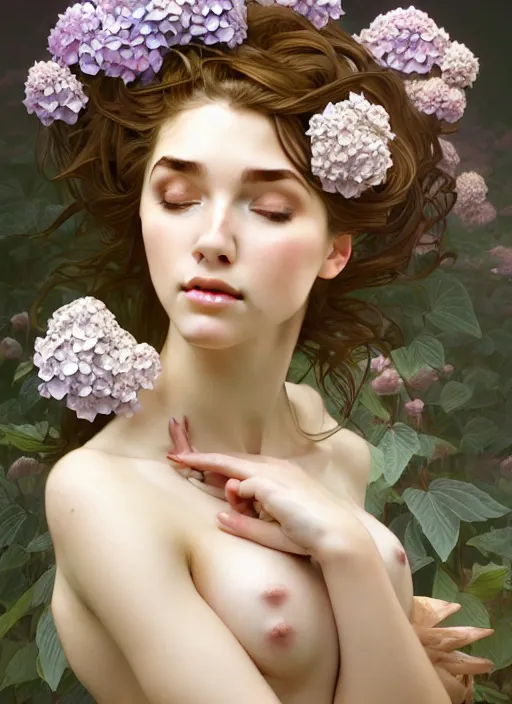 Image similar to a photographic portrait of a seductive sleeping anthropomorphic hydrangea blossom with a perfect face, fantasy, wind blowing hair, intricate, elegant, very very highly detailed, digital painting, artstation, concept art, smooth, super sharp focus, illustration, art by artgerm and h r giger and alphonse mucha