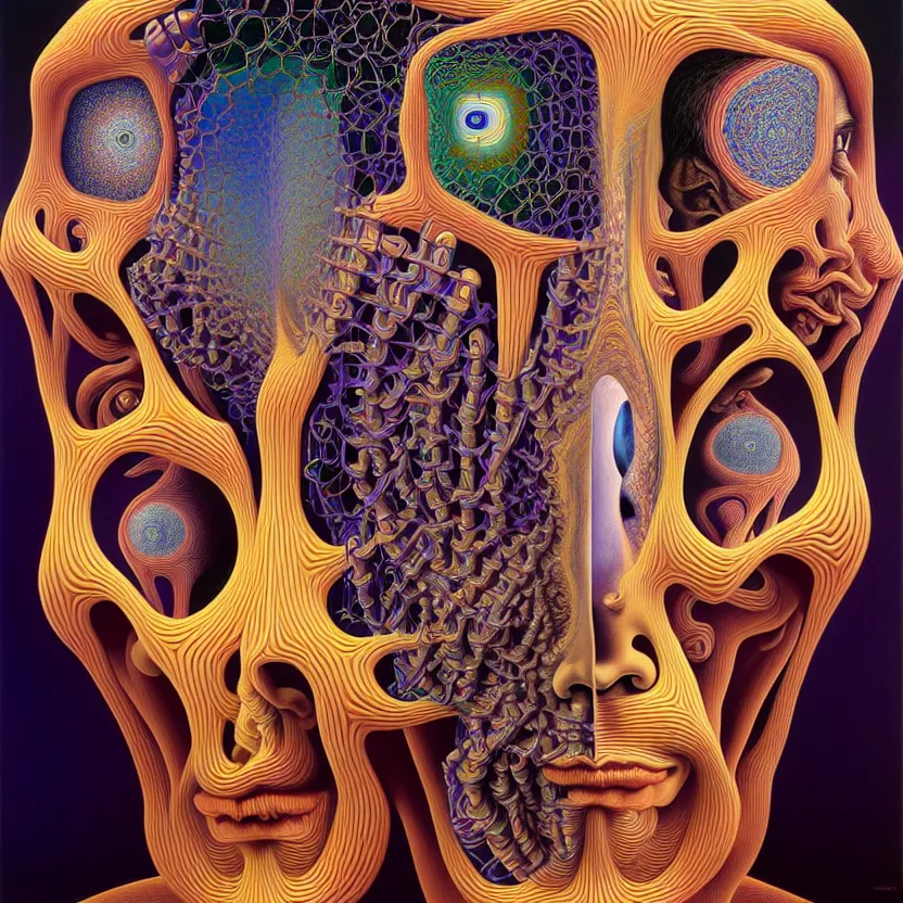 Image similar to infinite fractals of consciousness forming a human face, recursion, surreal, by salvador dali and mc escher and alex grey, oil on canvas, hd, dreams, intricate details, warm colors