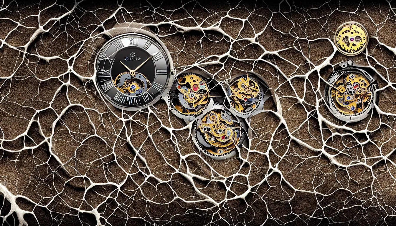 Image similar to detailed view from inside a clockwork watch, entangled roots, cracked earth, living microorganisms, decaying, hyper realistic photo, full colour, upscale, 8 k