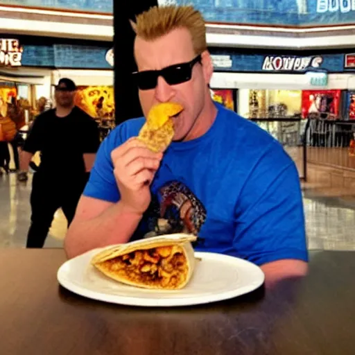 Prompt: duke nukem eating a burrito in a shopping mall
