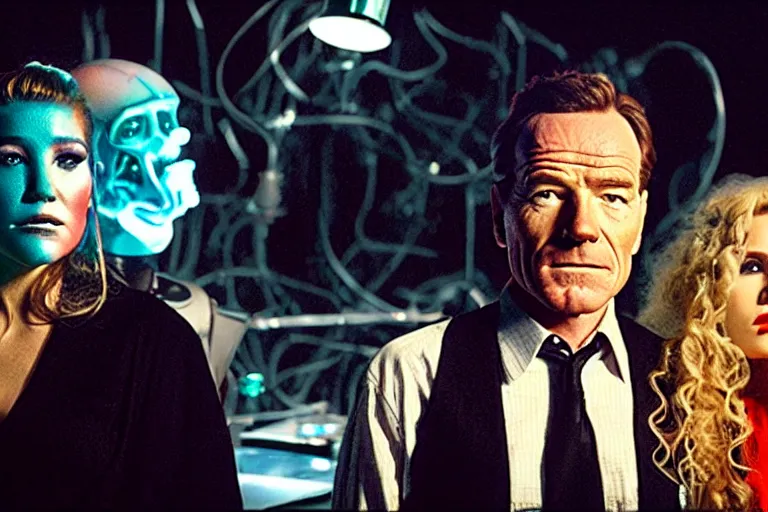 Image similar to film still of bryan cranston and kesha and a cyborg woman in cosmic horror! the musical by david cronenberg, budapest street background, 3 5 mm film, atmospheric, ultra fine detail, film grain, photorealistic, hyperrealistic dramatic lighting