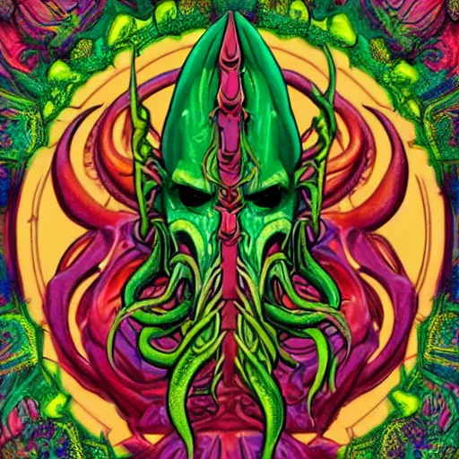 Image similar to 4 k colored headshot of godlike cthulhu with defined arms and open hands and bloody clothes with giant mandala wings, intricate face, flawless anime cel animation by kentaro miura, psychedelic, highly detailed upper body, professionally post - processed, beautiful, scary, symmetry accurate features, epic, octane rendered, anime masterpiece, accurate