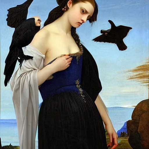 Prompt: full body portrait of a girl with blue eyes, gentle face, long dark hair, intricate detailed goth dress, among ravens, highly detailed, deep focus, elegant, digital painting, smooth, sharp focus, golden ratio, illustration, ultra realistic, 8 k, art by artemisia lomi gentileschi and caravaggio