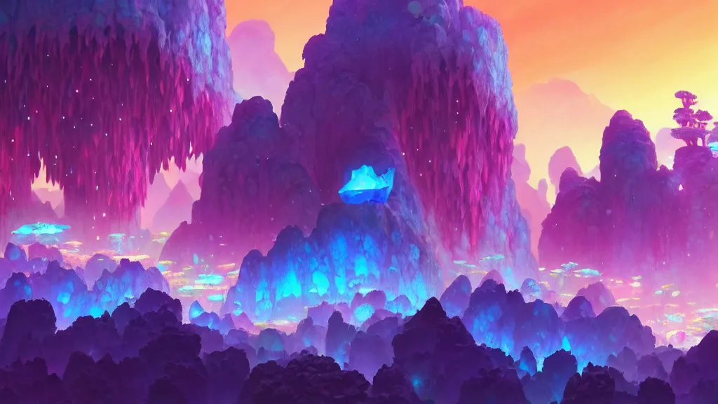 Prompt: colorful crystal cluster cave, studio ghibli, pixar and disney animation, sharp, rendered in unreal engine 5, highly detailed, digital painting, artstation, concept art, smooth, sharp focus, illustration, wide angle, artbook, wallpaper, splash art, promo art, dramatic lighting, art by artgerm and greg rutkowski and bo chen and jin xiaodi