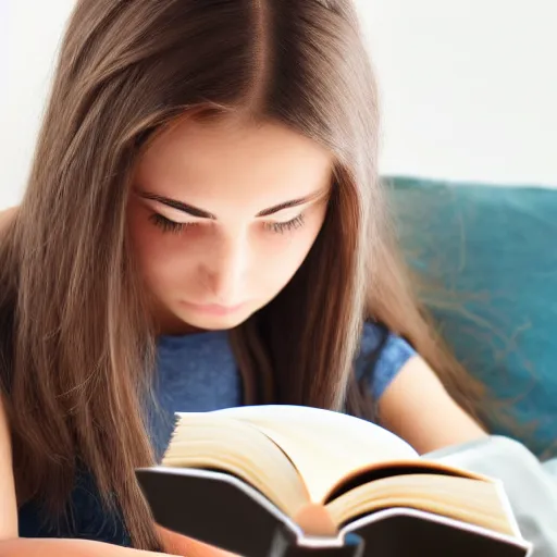 Prompt: photograph of a girl reading book, her hair flowing down. Extremely detailed. 8k