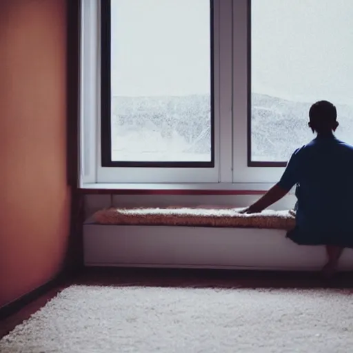 Prompt: person in pyjamas standing near window, turned back to camera, cinematography, sun rays, daylight, big french door window, windowsill, big spatious room, carpet at the floor, wide shot, furnished room, anamorphic shot lens, window at the center, wooden floor, modern, winter sun, photorealistic, high ceiling