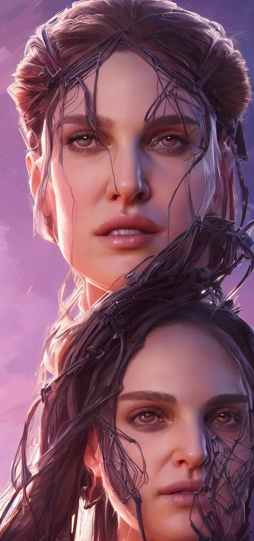 Image similar to symmetry!! portrait of natalie portman in the style of horizon zero dawn, machine face, intricate, elegant, highly detailed, digital painting, artstation, concept art, smooth, sharp focus, illustration, art by artgerm and greg rutkowski and alphonse mucha, 8 k