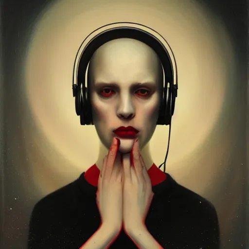 Image similar to portrait of a pale bald woman with red headphones, staring at you, black background, curious eyes, by Anato Finnstark, Tom Bagshaw, Brom