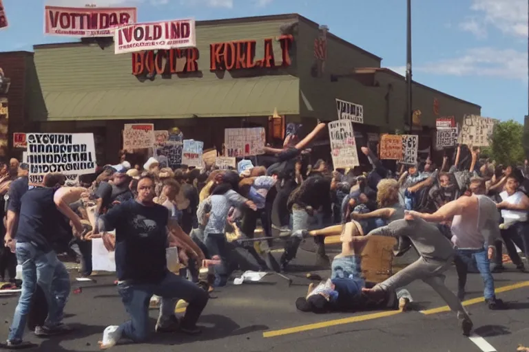 Image similar to violent protest in front of The cracker barrel, photorealistic