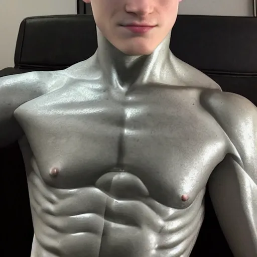 Image similar to “a realistic detailed photo of a guy who is an attractive humanoid who is half robot and half humanoid, who is a male android, twitch streamer Ninja Tyler Blevins, shiny skin, posing like a statue, blank stare, living room, display”