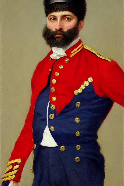 Image similar to full body portrait of the dictator of the new orleans pelicans, 1 8 8 9, in full military garb, midnight blue, red, gold and white, oil on canvas by william sidney mount, trending on artstation