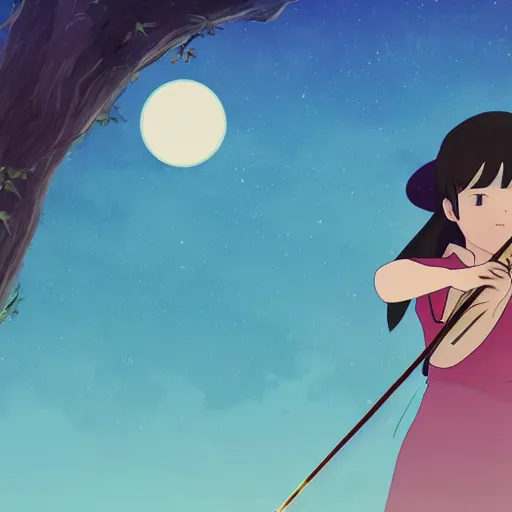 Image similar to cell shaded key visual of a young girl playing the violin in the style of studio ghibli, moebius, makoto shinkai,