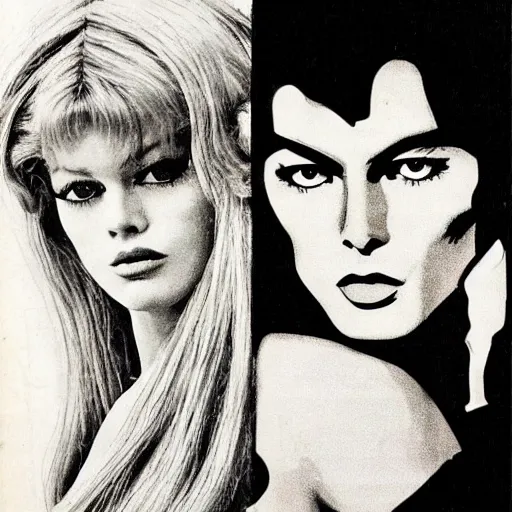 Image similar to 1 9 6 0 s symmetrical pretty elegant brigitte bardot as a vampire with alain delon, very detailed intricate intaglio, style of takato yamamoto lots of flowers