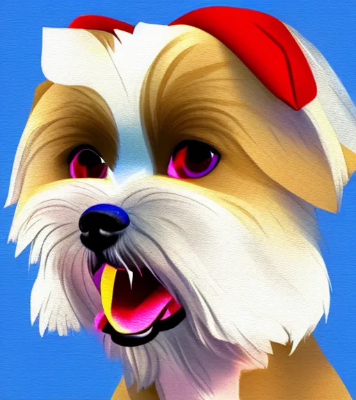 Image similar to small white shihtzu maltese mix dog in nc state stadium smiling full color digital illustration in the style of don bluth, artgerm, artstation trending, 4 k