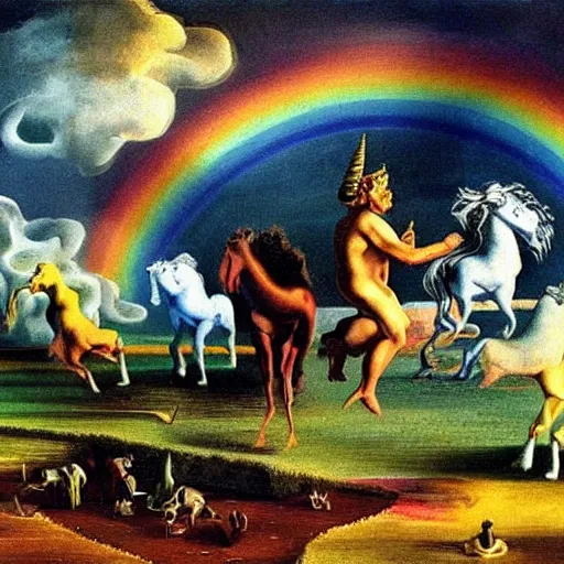 Prompt: A herd of unicorns dancing on a rave in a graveyard under a rainbow in the sky, epic painting by Salvador Dali