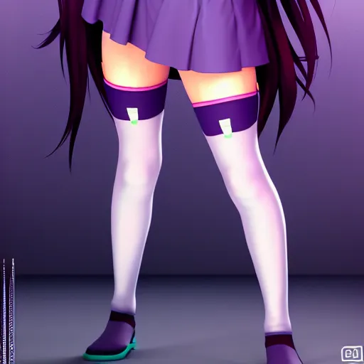 Image similar to a very beautiful 3d anime girl in a room, wearing thigh highs socks, unreal engine 5 4k render, hazler eyes, cute smile, trending on artstation, medium shot, long purple hair