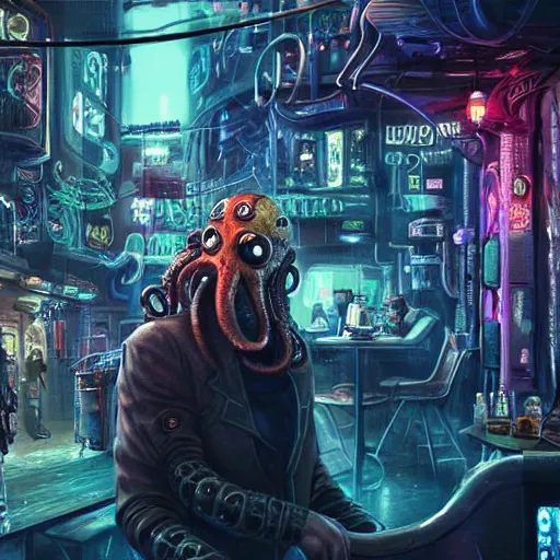 Image similar to a high quality portrait of octopus Davy Jones in a cyberpunk cyberpunk cyberpunk cafe, realism, 8k, award winning photo