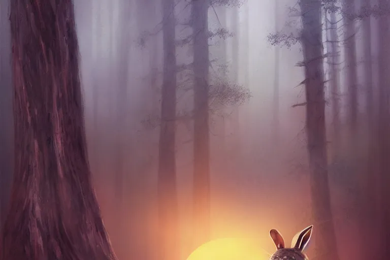 Image similar to portrait of an ashigaru bunny, sunset, ominous shadows through the forest, he has a pike, studio ghibli, the bunny is in a forest valley by brian froud and jessica rossier