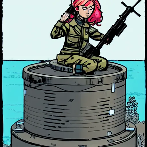 Image similar to tank girl sitting alone on top of the tank, holding a granite luncher. smiling. laurie greasley,