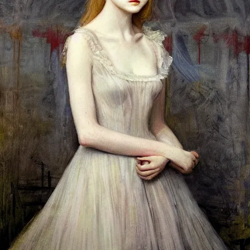 Image similar to Elle Fanning in the style of Berthe Morisot, head and shoulders portrait, stormy weather, extremely detailed masterpiece, oil on canvas, low-key neon lighting, artstation, Blade Runner 2049, Roger Deakin’s cinematography, by J. C. Leyendecker and Peter Paul Rubens and Edward Hopper and Michael Sowa,