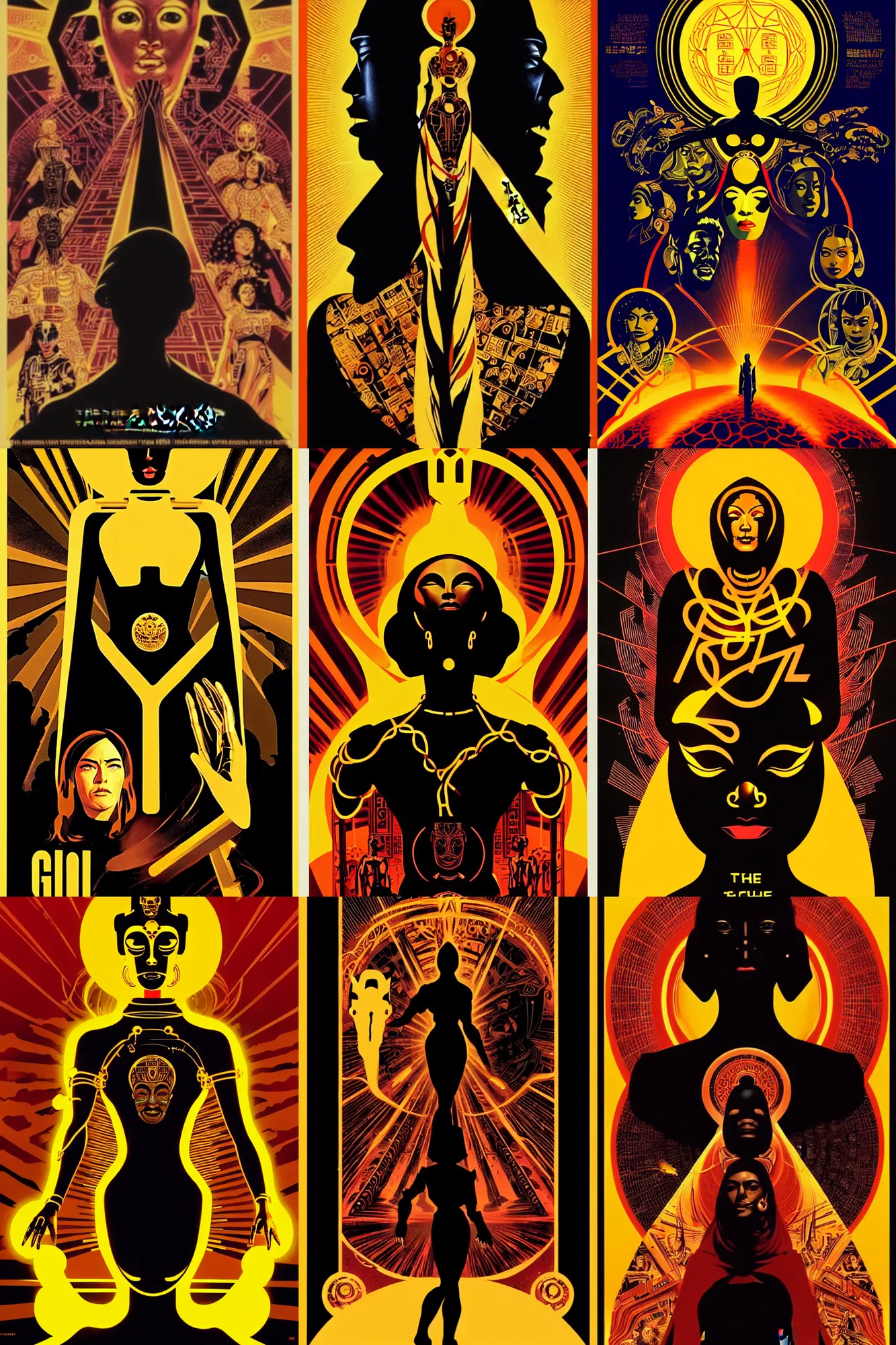 Prompt: the way of the ai god, movie poster, golden roads by haza hadid, female cyborg black silhouette, artstation, designed by bill gold and saul bass, richard amsel and greg manchess and mike mignola and shepard fairey and ashley woods