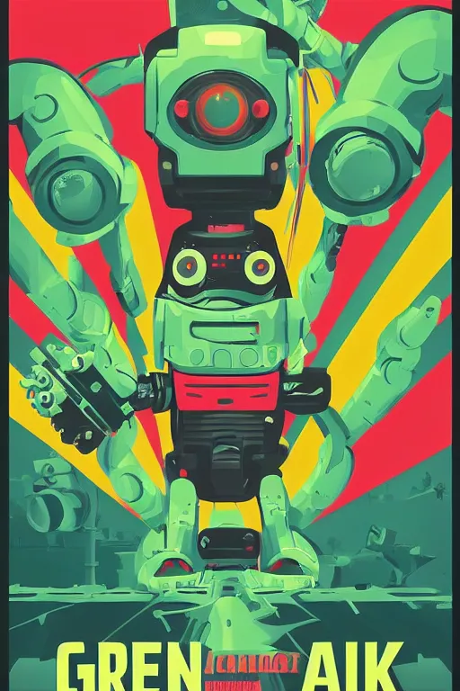 Image similar to a movie poster for the film (green octopus attacks robot) by Tom Whalen, highly detailed, fantasy, artstation