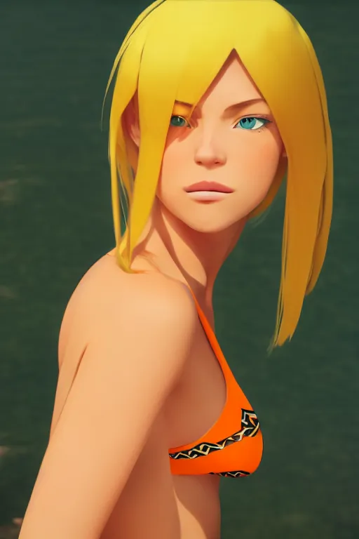 Prompt: beautiful blond woman in orange tribal bikini, blond hair pulled back off the face, green eyes, by makoto shinkai, 8 k, high resolution render, cinematic, unreal engine, clean lineart and flat color,