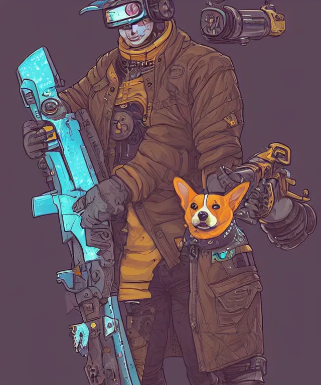 Prompt: a portrait of a cyberpunk corgi holding a chainsaw, fantasy, elegant, digital painting, artstation, concept art, matte, sharp focus, illustration, art by josan gonzalez