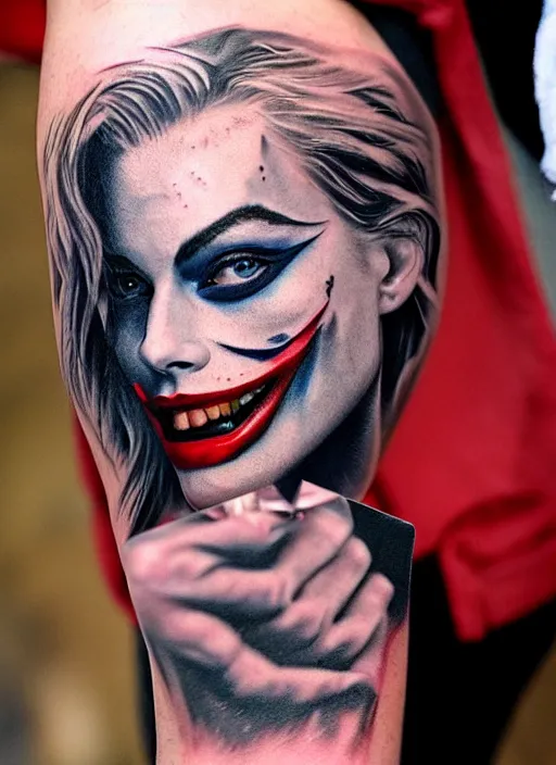Prompt: tattoo design of beautiful margot robbie with joker makeup on the mouth and holding ace card, in the style of den yakovlev, realistic face, black and white, realism tattoo, hyper realistic, highly detailed