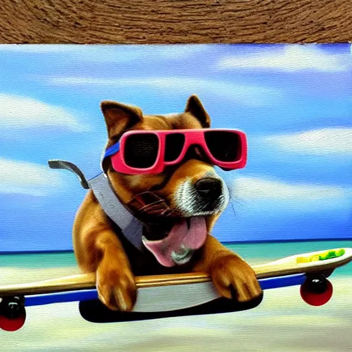 Prompt: an oil painting of a dog wearing sunglasses riding a skateboard on a beach